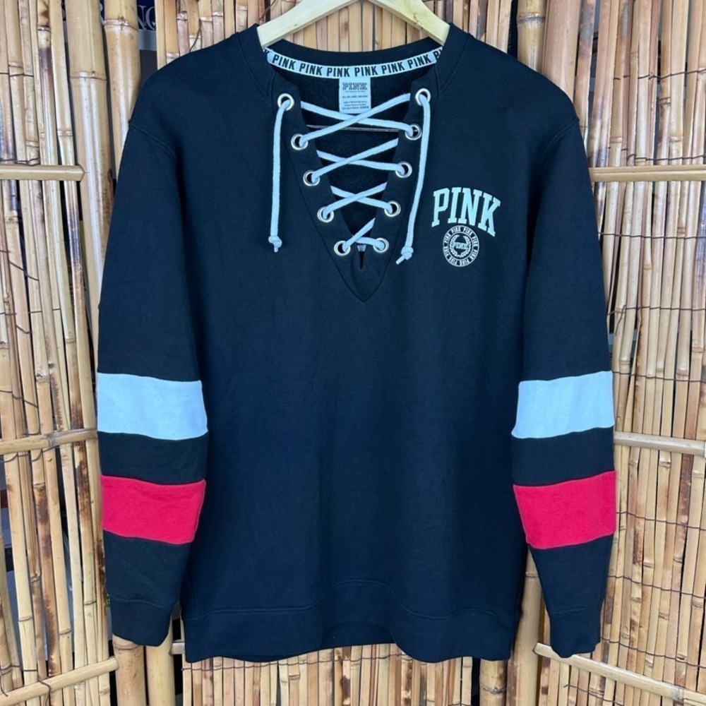 PINK Victoria's Secret Lace Up‎ Varsity Crew Pullover Striped Sweater XS Blk Red